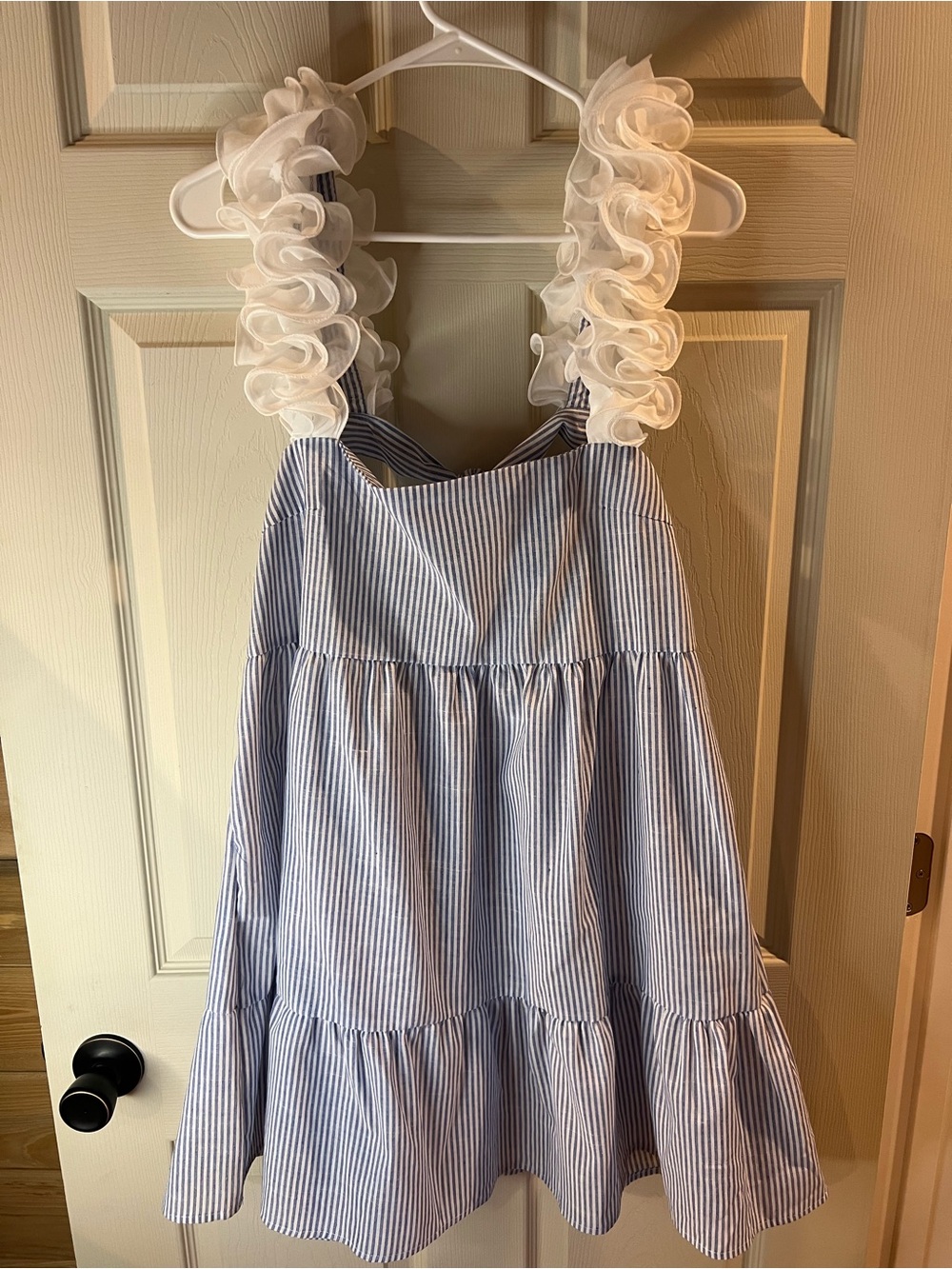 SHEIN Blue and White Striped Backless Ruffle Strap Sundress